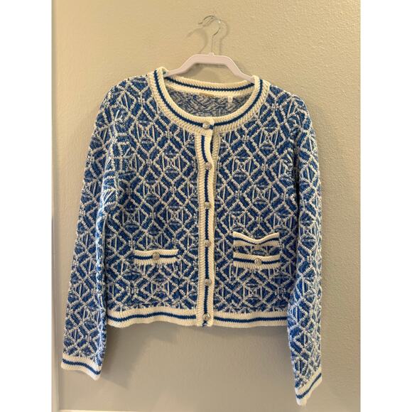 Elie Tahara Wool Blend Geometric Blue White Cropped Cardigan Textured Knit Sz M - Picture 1 of 6